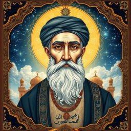 A detailed artistic representation of a historical figure, inspired by Islamic art traditions, emphasizing abstract and symbolic features while avoiding direct facial representation