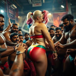 A vibrant scene featuring Harley Quinn in a strapless, colorful bikini that accentuates her big fat ass, highlighted by a small wedgie panty