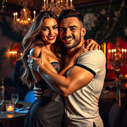 A visually striking scene depicting a beautiful woman, who embodies the glamorous and elegant features often associated with celebrity culture, embracing a famous football player known for his exceptional skills and charm