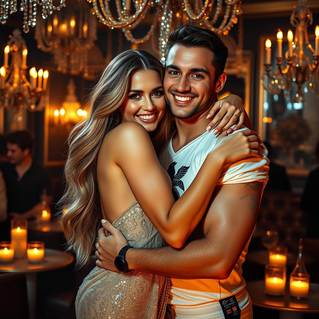 A visually striking scene depicting a beautiful woman, who embodies the glamorous and elegant features often associated with celebrity culture, embracing a famous football player known for his exceptional skills and charm