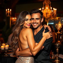 A visually striking scene depicting a beautiful woman, who embodies the glamorous and elegant features often associated with celebrity culture, embracing a famous football player known for his exceptional skills and charm