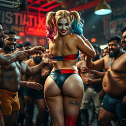 An energetic scene featuring Harley Quinn in a strapless, colorful bikini that accentuates her big fat ass, highlighted by a small wedgie panty