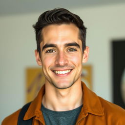 A beautiful tall man, aged 30, with fair skin, a smooth wrinkle-free face, and a smiling expression