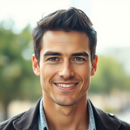 A beautiful tall man, aged 30, with fair skin, a smooth wrinkle-free face, and a smiling expression
