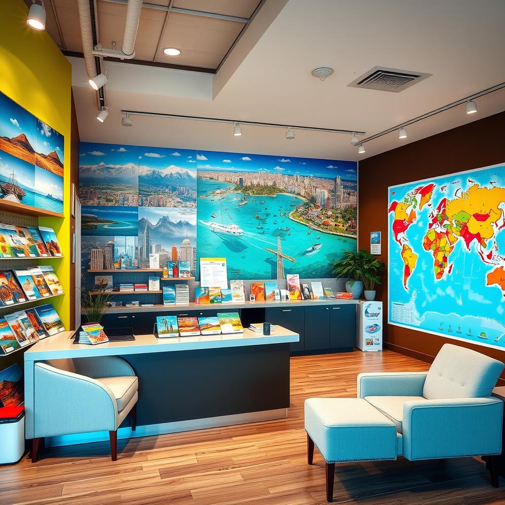 A vibrant and inviting travel agency interior, showcasing various travel brochures and maps elegantly displayed on a sleek reception desk