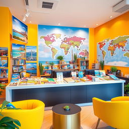 A vibrant and inviting travel agency interior, showcasing various travel brochures and maps elegantly displayed on a sleek reception desk