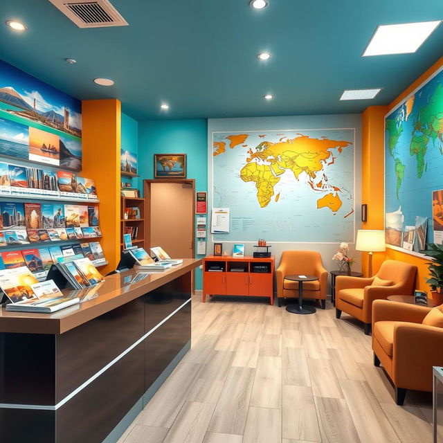 A vibrant and inviting travel agency interior, showcasing various travel brochures and maps elegantly displayed on a sleek reception desk