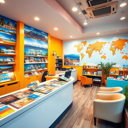 A vibrant and inviting travel agency interior, showcasing various travel brochures and maps elegantly displayed on a sleek reception desk