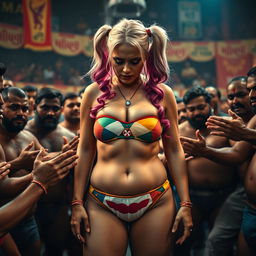 A poignant scene featuring a sad Harley Quinn in a strapless, colorful bikini that accentuates her big fat ass, highlighted by a small wedgie panty