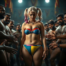 A poignant scene featuring a sad Harley Quinn in a strapless, colorful bikini that accentuates her big fat ass, highlighted by a small wedgie panty