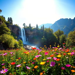 A stunning landscape of Tafresh, featuring a majestic waterfall cascading down a rocky cliff surrounded by lush greenery