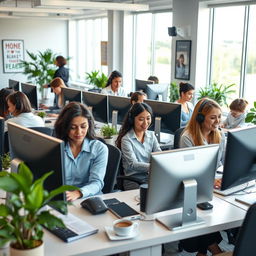 A professional office environment showcasing a customer service team actively engaged in helping clients