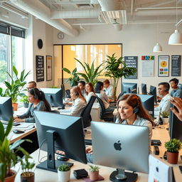 A professional office environment showcasing a customer service team actively engaged in helping clients