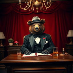 A whimsical scene featuring a bear dressed in classic Godfather-style attire, complete with a tailored black tuxedo, a bow tie, and a fedora hat