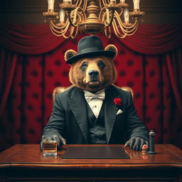 A whimsical scene featuring a bear dressed in classic Godfather-style attire, complete with a tailored black tuxedo, a bow tie, and a fedora hat