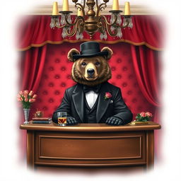 A whimsical scene featuring a bear dressed in classic Godfather-style attire, complete with a tailored black tuxedo, a bow tie, and a fedora hat