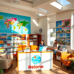 A vibrant and inviting travel agency office, filled with colorful brochures and travel posters of various destinations around the world