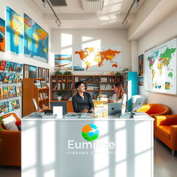 A vibrant and inviting travel agency office, filled with colorful brochures and travel posters of various destinations around the world