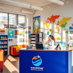 A vibrant and inviting travel agency office, filled with colorful brochures and travel posters of various destinations around the world