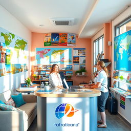 A vibrant and inviting travel agency office, filled with colorful brochures and travel posters of various destinations around the world