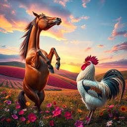 A surreal and fantastical scene depicting an imaginative interaction between a horse and a rooster in a whimsical setting