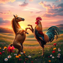 A surreal and fantastical scene depicting an imaginative interaction between a horse and a rooster in a whimsical setting