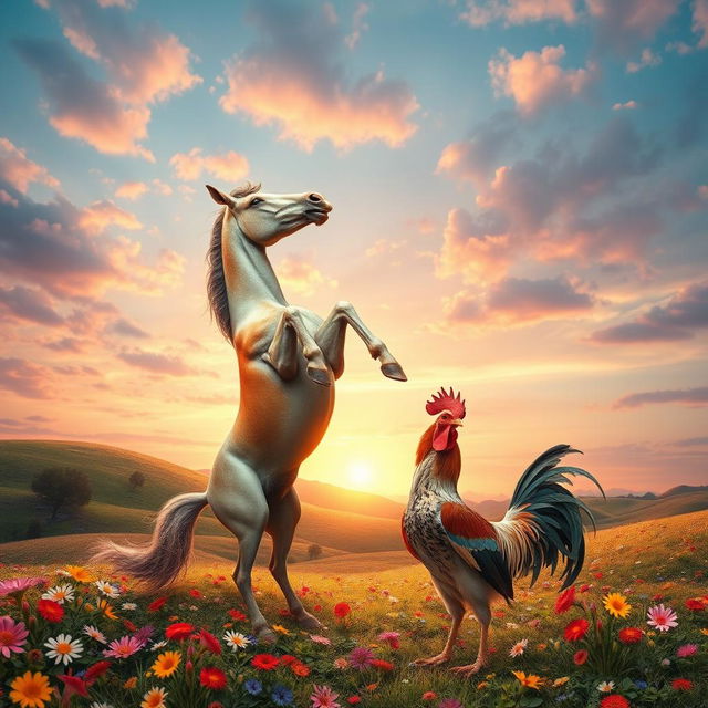 A surreal and fantastical scene depicting an imaginative interaction between a horse and a rooster in a whimsical setting