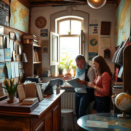 A charming and cozy little travel agency, featuring a rustic wooden counter and handmade decor