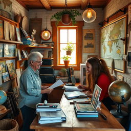 A charming and cozy little travel agency, featuring a rustic wooden counter and handmade decor