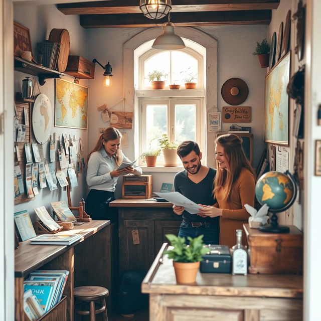 A charming and cozy little travel agency, featuring a rustic wooden counter and handmade decor