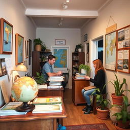 A quaint and charming small travel agency, featuring a cozy reception area with warm lighting