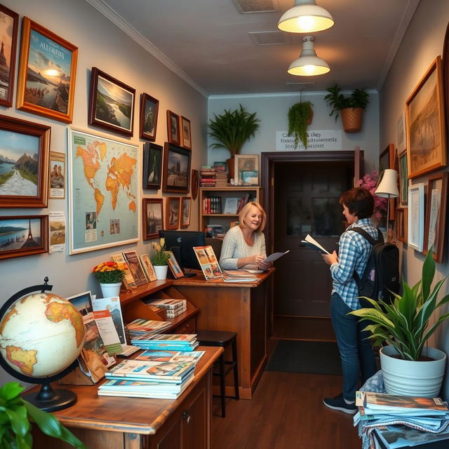 A quaint and charming small travel agency, featuring a cozy reception area with warm lighting