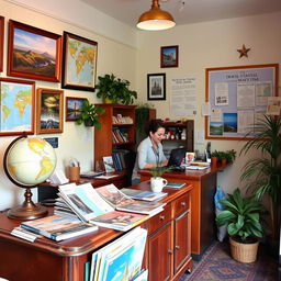A quaint and charming small travel agency, featuring a cozy reception area with warm lighting