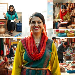 A hopeful Iranian woman dressed in vibrant traditional attire, engaged in various jobs such as teaching, working in a busy marketplace, and crafting handmade items