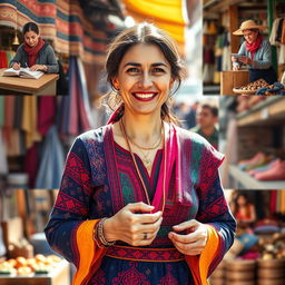 A hopeful Iranian woman dressed in vibrant traditional attire, engaged in various jobs such as teaching, working in a busy marketplace, and crafting handmade items