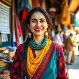 A hopeful Iranian woman dressed in vibrant traditional attire, engaged in various jobs such as teaching, working in a busy marketplace, and crafting handmade items