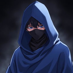 A male character in an anime style wearing a blue hooded robe that resembles a magician's outfit