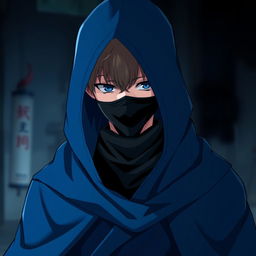 A male character in an anime style wearing a blue hooded robe that resembles a magician's outfit