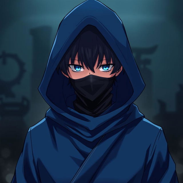 A male character in an anime style wearing a blue hooded robe that resembles a magician's outfit