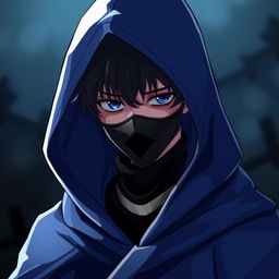 A male character in an anime style wearing a blue hooded robe that resembles a magician's outfit