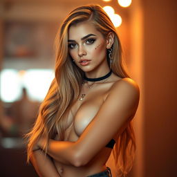 A full body portrait of a sexy girl with multiple piercings that reflect her bold personality