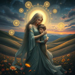 A dramatic and surreal artwork depicting a mythological scene where two characters symbolize a mother and son, dressed in ethereal clothing, entwined in a mystical bond
