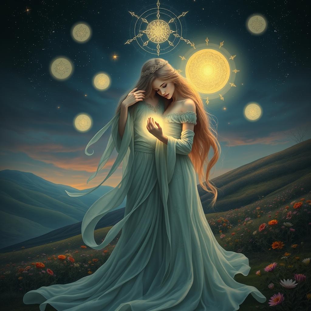 A dramatic and surreal artwork depicting a mythological scene where two characters symbolize a mother and son, dressed in ethereal clothing, entwined in a mystical bond