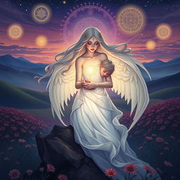 A dramatic and surreal artwork depicting a mythological scene where two characters symbolize a mother and son, dressed in ethereal clothing, entwined in a mystical bond