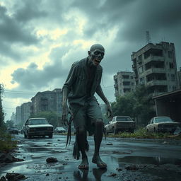 A haunting image of a zombie wandering through a post-apocalyptic city