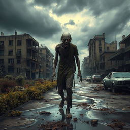 A haunting image of a zombie wandering through a post-apocalyptic city