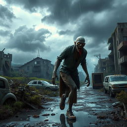 A haunting image of a zombie wandering through a post-apocalyptic city