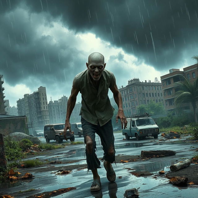 A haunting image of a zombie wandering through a post-apocalyptic city