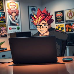 An anime character with vibrant, spiky hair, wearing a casual outfit, sitting behind a sleek modern desk with a laptop open in front of him