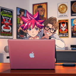 An anime character with vibrant, spiky hair, wearing a casual outfit, sitting behind a sleek modern desk with a laptop open in front of him